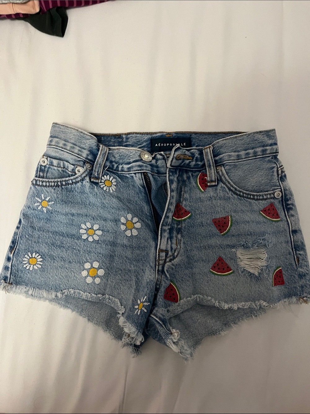Aeropostale Light Blue Denim Shorts with Daisy & Watermelon Patches